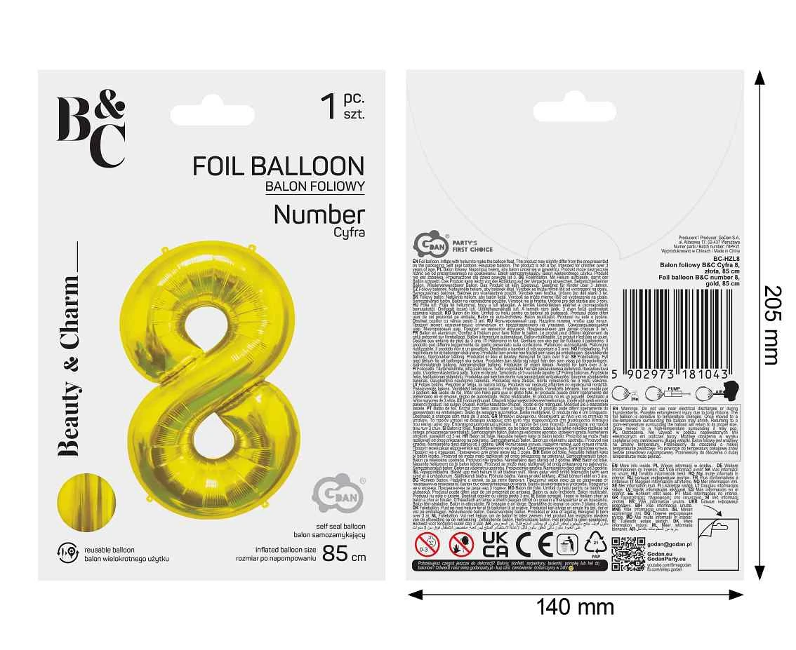 Foil Balloon B&C Number 8, Gold, 85 cm